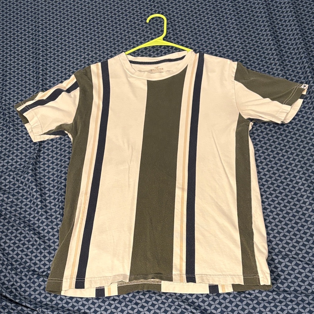 White Hollister Short Sleeve Tee with Olive and Navy Stripes